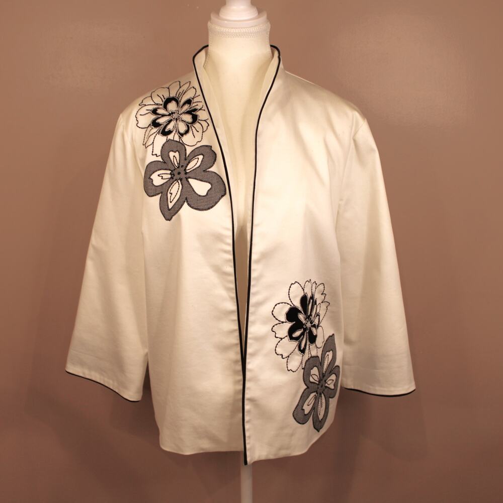 VTG Alfred Dunner Open Front Light Weight Blazer Black & White Floral sz 10P